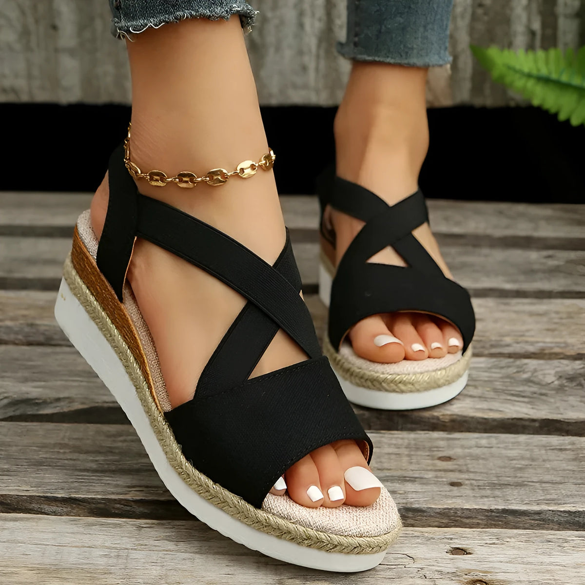 Women's cross-strap wedge platform sandals with hemp heel in beige with cloth upper and rubber sole