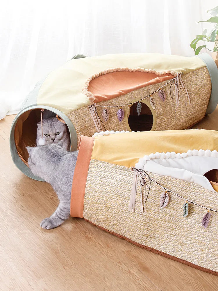 Avocado cat tunnel toy with drill hole made from polyester and nylon on a light background