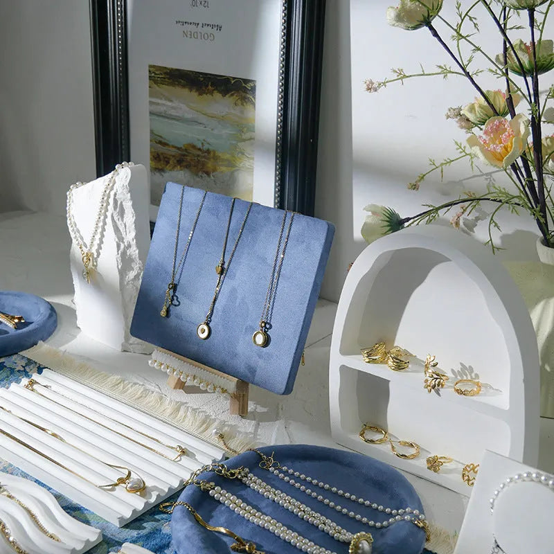Handmade gypsum jewellery display tray for necklaces and bracelets, all-in-one counter stand in a choice of eleven colours