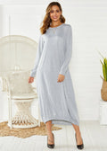 Black loose lace-up crew neck lantern dress on a hanger, casual polyester knit.