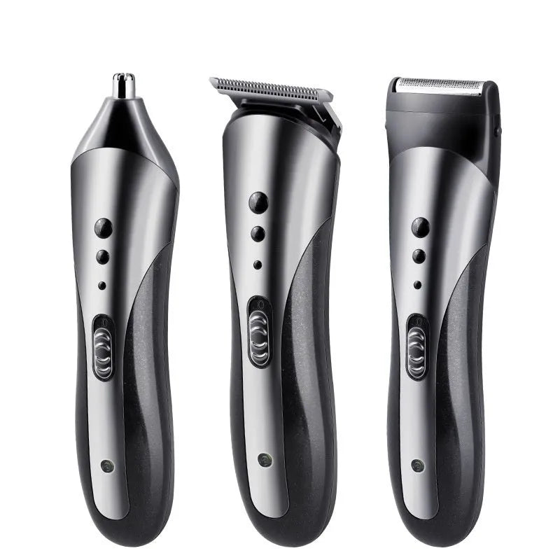 Black electric hair clipper with stainless steel blade, wet and dry use, washable design, 8-hour charge.