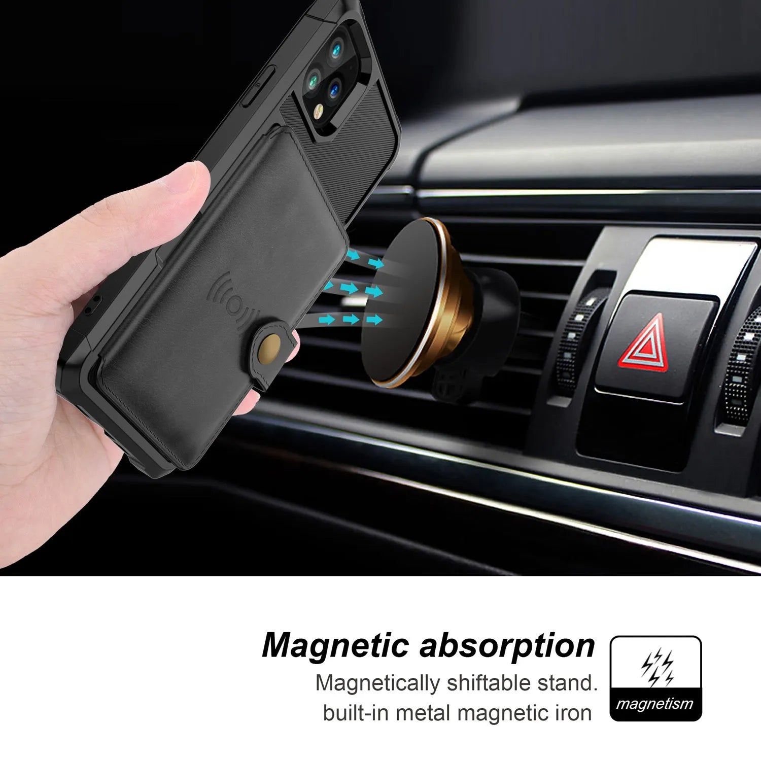 Imitation leather iPhone case with built-in card slot in black, shown next to a credit card.