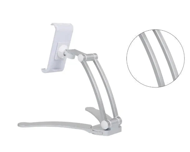 Silver aluminum alloy desktop tablet stand with white mount holding a tablet at an angle
