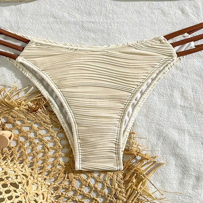 Women's khaki striped polyester three-point bikini set on a beach background sizes XS to L