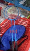A pair of blue and red alloy ultra-light split badminton rackets laid flat.