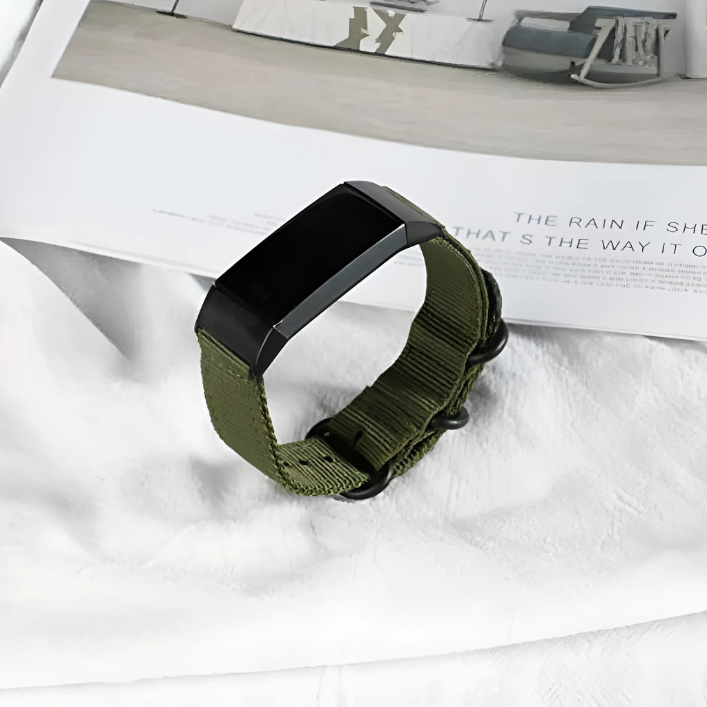 Army Green nylon strap with three-ring metal buckle for Fitbit Charge 3 fitness tracker