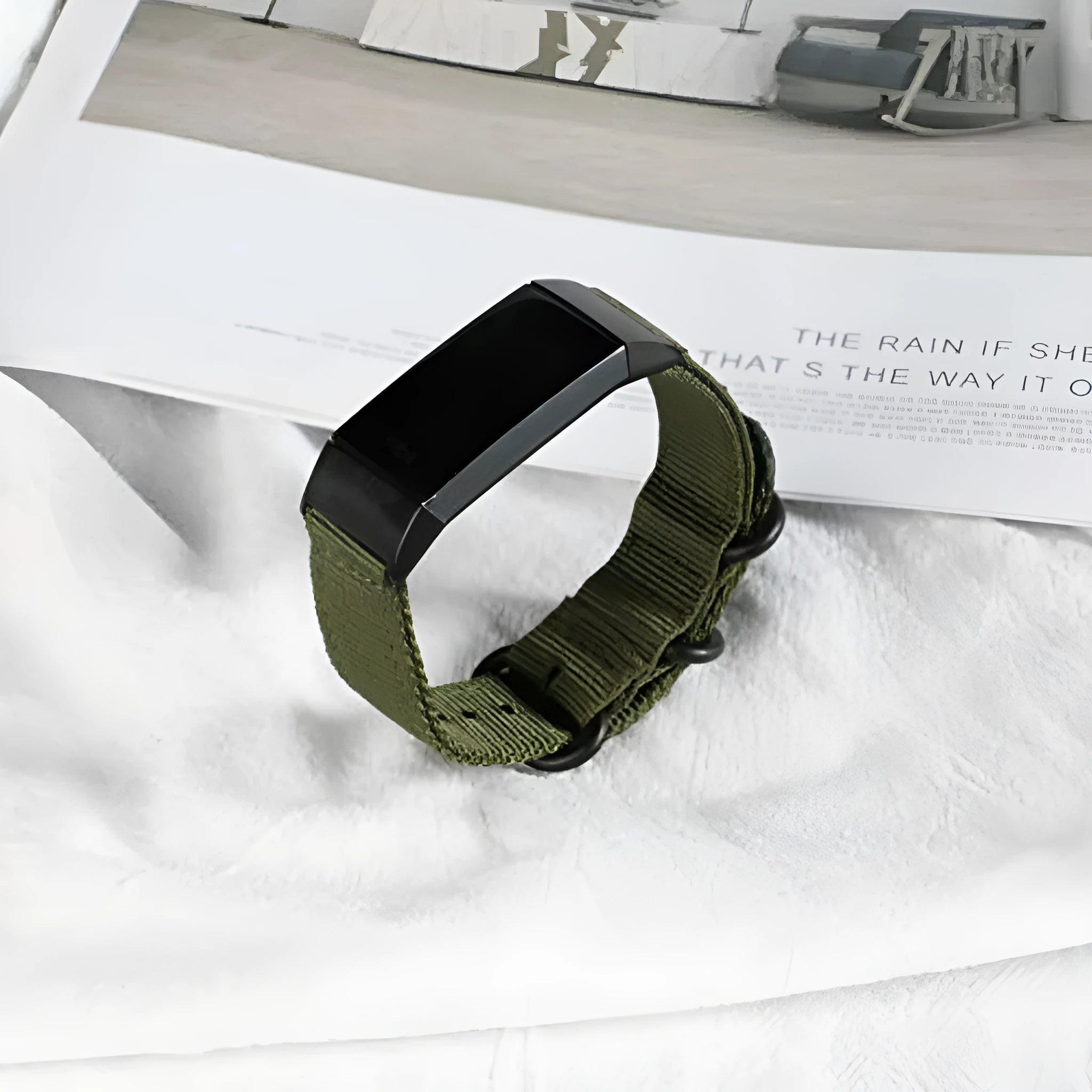 Army Green nylon strap with three-ring metal buckle for Fitbit Charge 3 fitness tracker