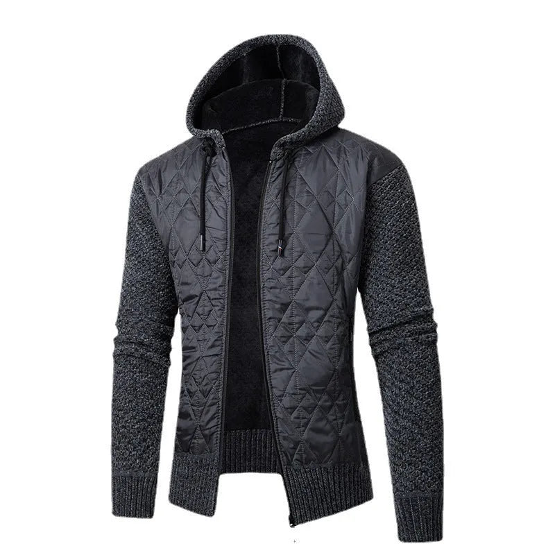 Men's grey corduroy hooded sweater coat with cinched style and wool composition