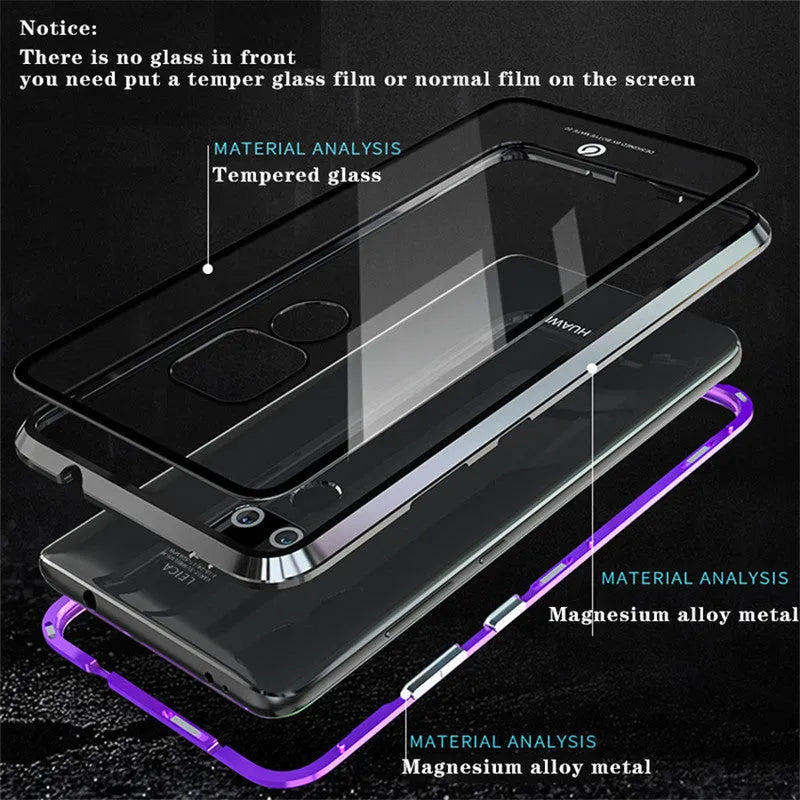 Black magnetic phone case with metal frame and clear tempered glass back for Huawei P30