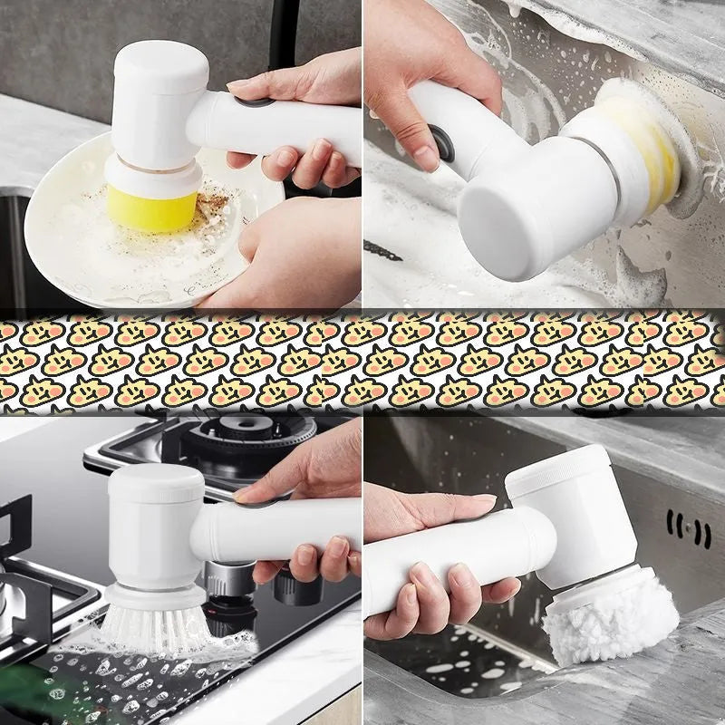Electric kitchen cleaning brush with replaceable nylon and sponge brush heads for automatic scrubbing