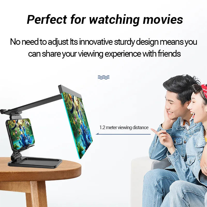 Black 12 inch mobile phone screen amplifier with detachable phone holder on desktop