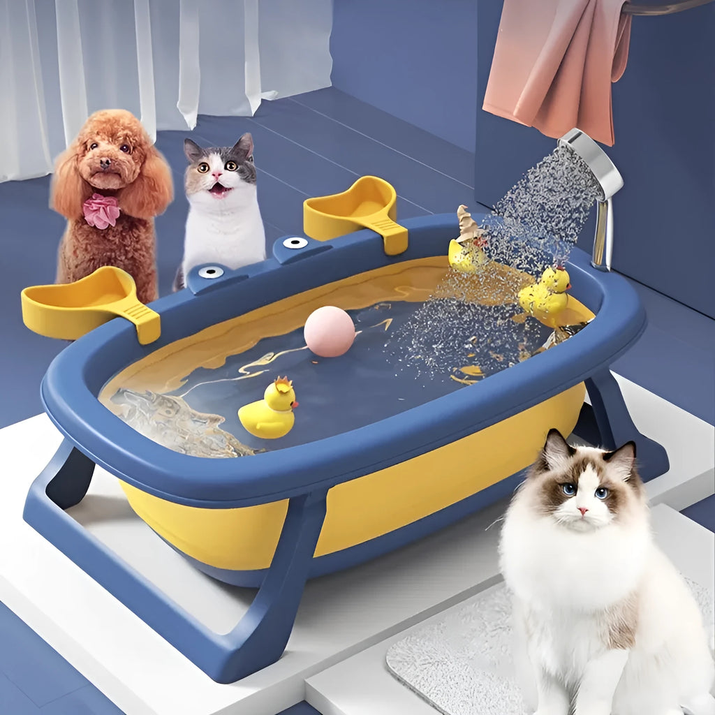 Blue foldable portable plastic pet bathing tub for small dogs and cats.