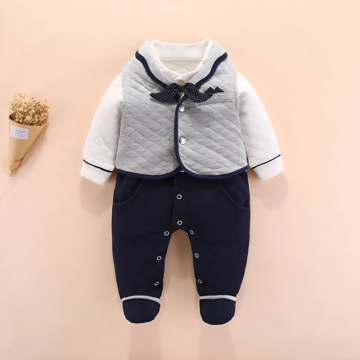 Baby boy gentleman onesie British style cotton long sleeve navy blue