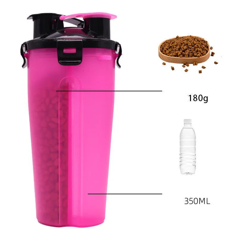 White portable pet cup showing separate water bottle and food container compartments.
