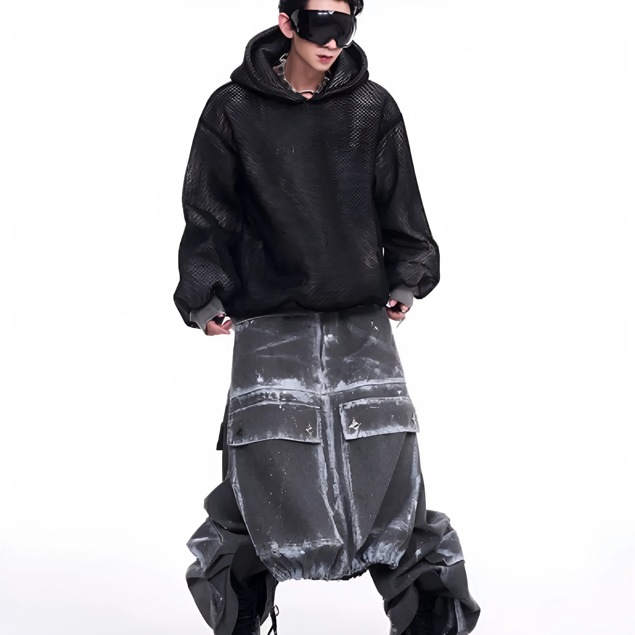 Men's black ash hollow out knitmesh hooded fleece lined sweater loose fit side view