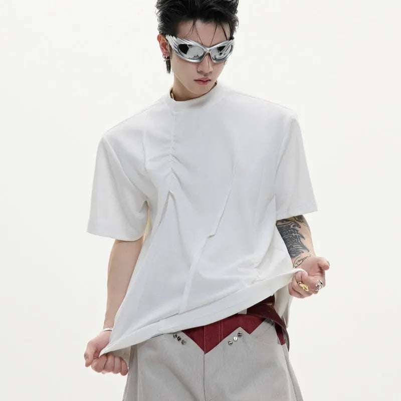 Men's cotton T-shirt with asymmetric stitching detail in solid colour and loose fit