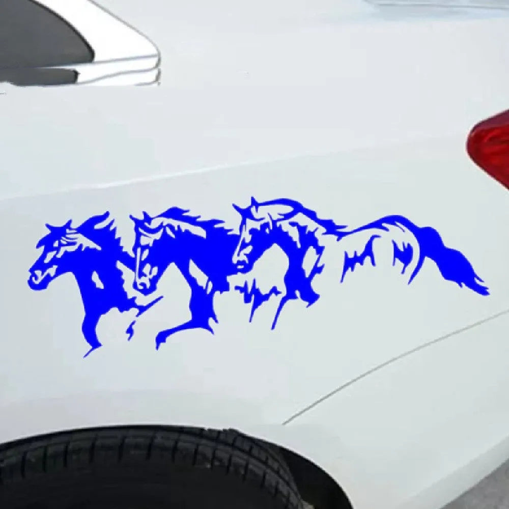 Three Horses steed design car decal sticker in black, measuring 25cm by 8cm