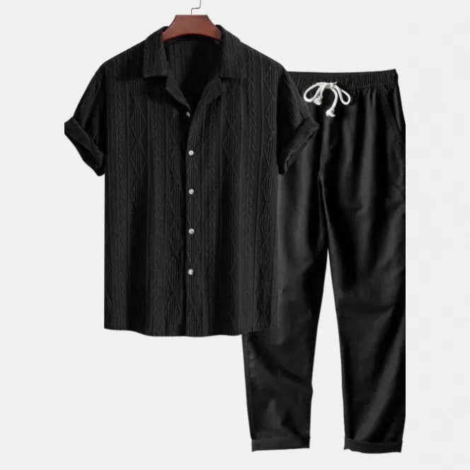 Men's short sleeve shirt and trousers set with camouflage digital print in slim fit