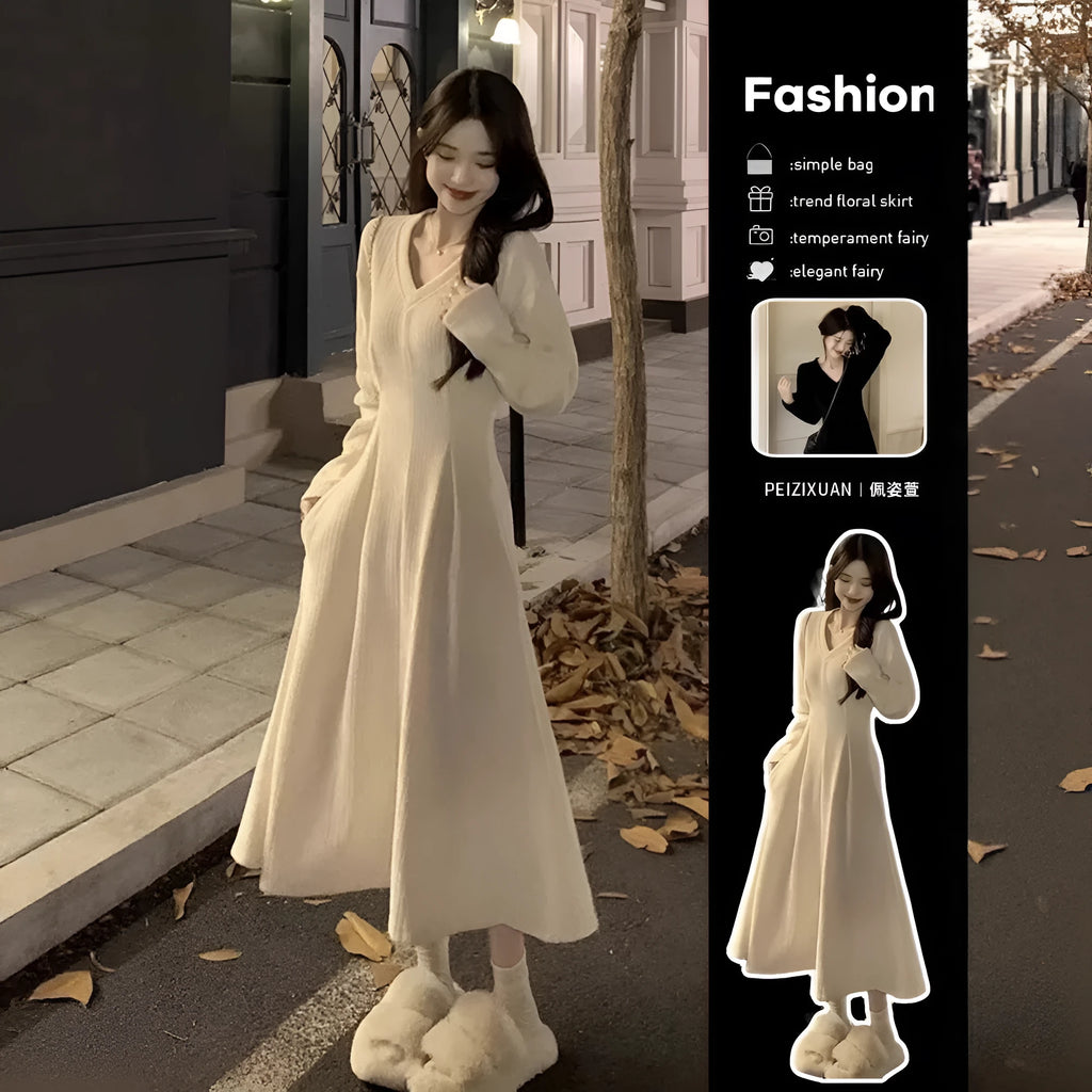 Women's white V-neck polyester knitted suspender dress with princess sleeves
