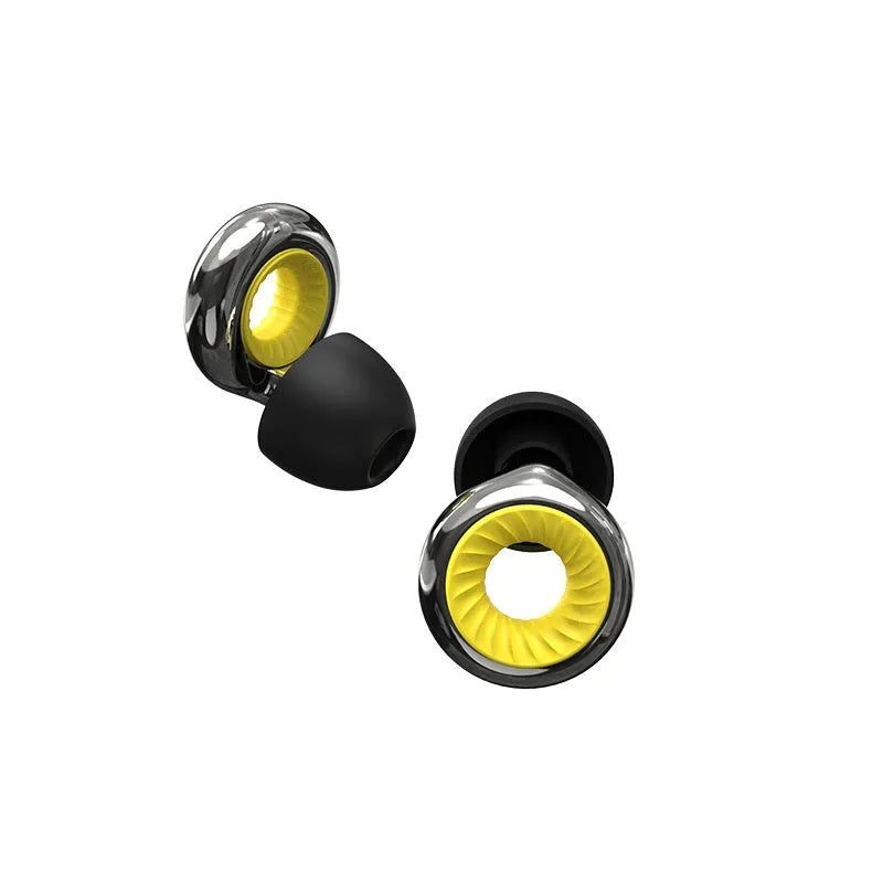 Set of reusable silicone earplugs in a metallic colour with storage case and spare ear tips.