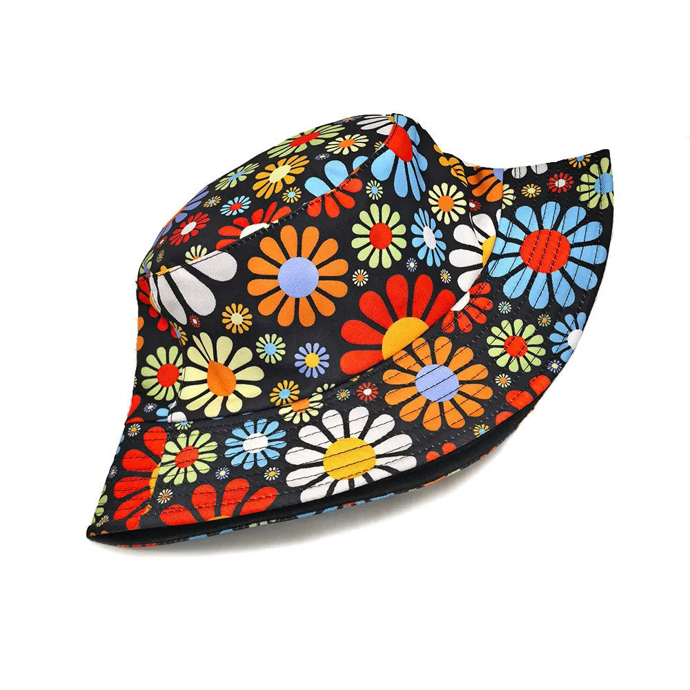 Colourful flower print polyester bucket hat with dome crown for sun protection