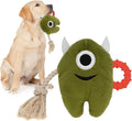 Blue and green plush dog toy with integrated cotton rope and squeaker for chewing and tug-of-war play.