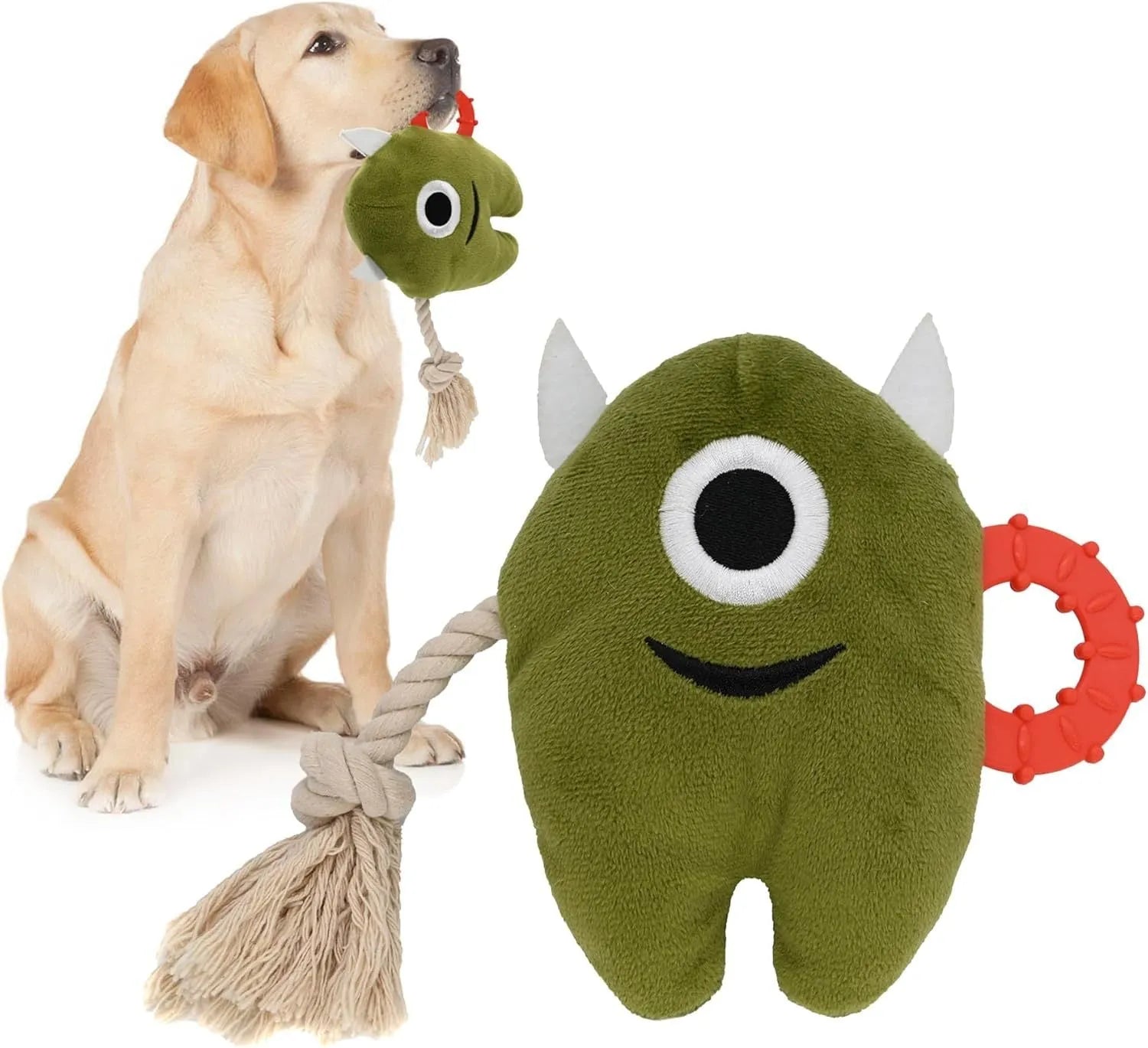 Blue and green plush dog toy with integrated cotton rope and squeaker for chewing and tug-of-war play.