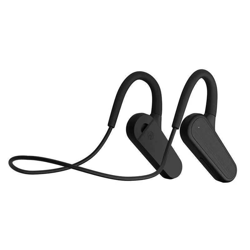 Bone conduction sports earphone, neck hanging waterproof design, Bluetooth 5.3, 15m range, Q2 black with charging cable and instructions