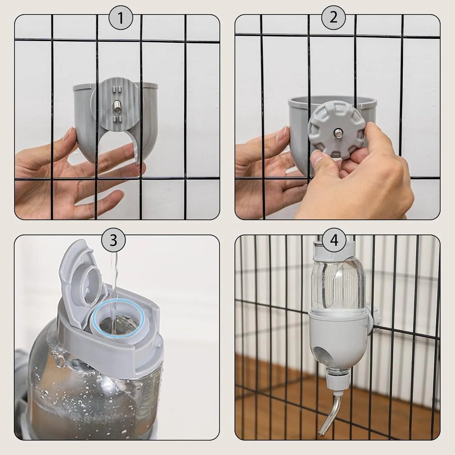Blue pet water bottle with rotating nozzle mounted on cage bars for small animals