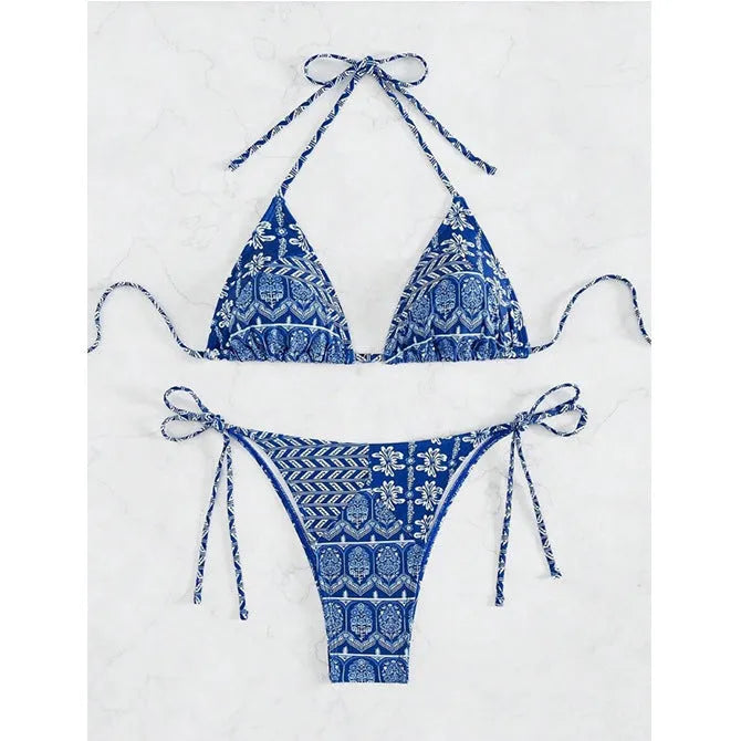 Women's bandage swimsuit with split bikini printing and stitching details in polyester fabric