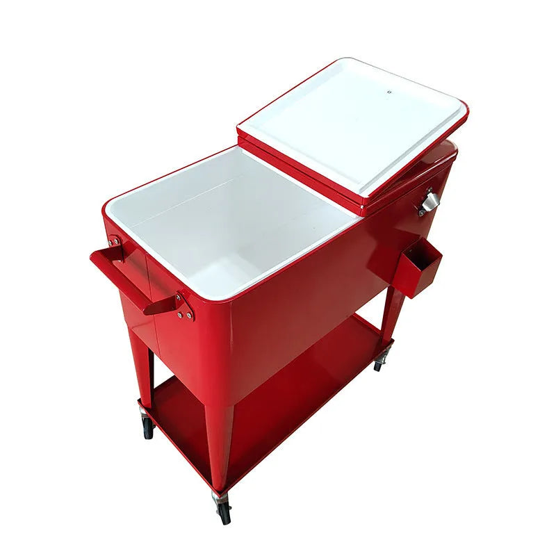 Red insulated metal trolley with wheels for outdoor food and drink transport