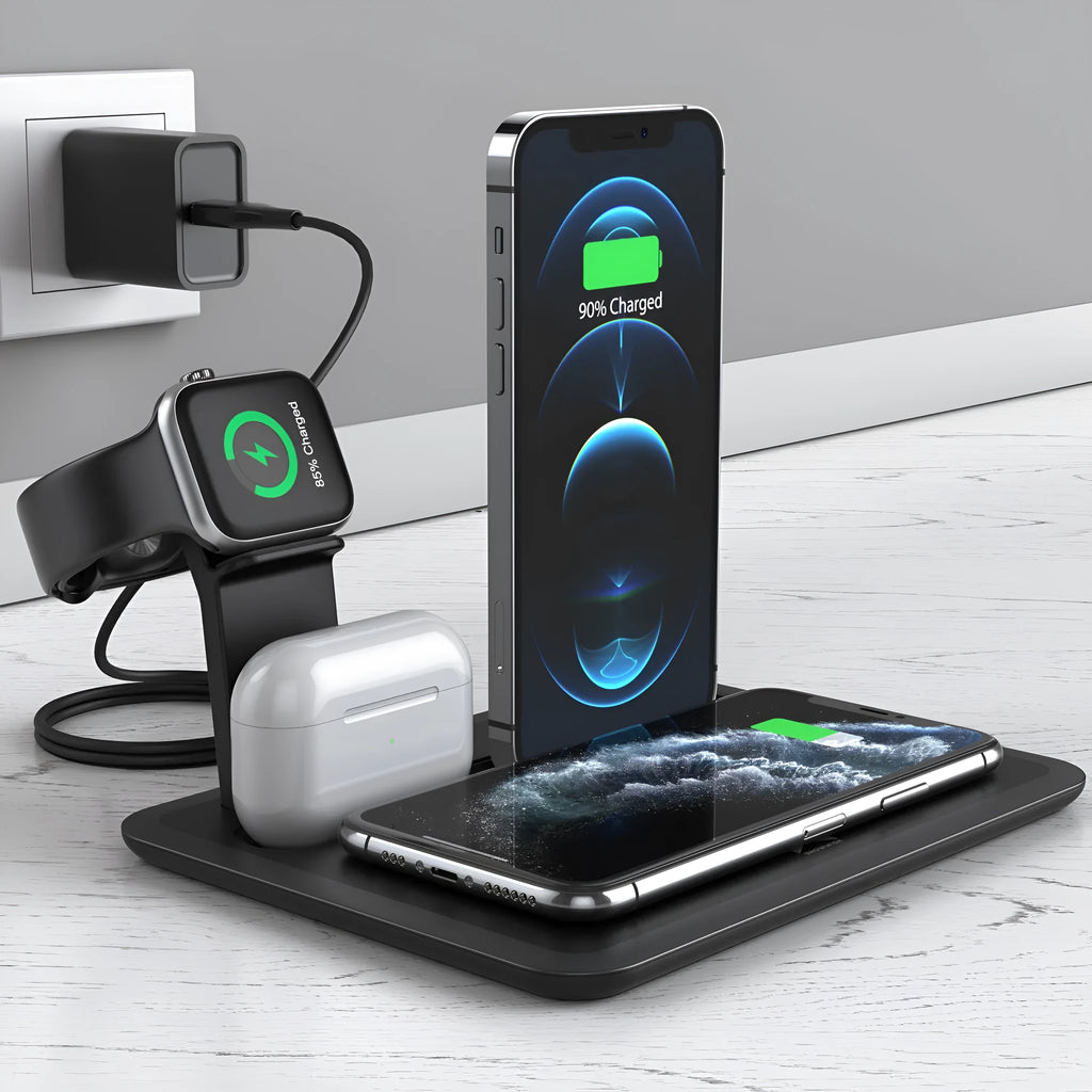Black wireless charging station for phone, watch and headphones on desk