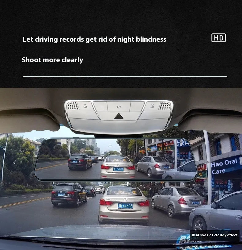 10-inch streaming media rearview mirror tachograph with front and rear dual lenses and touchscreen display