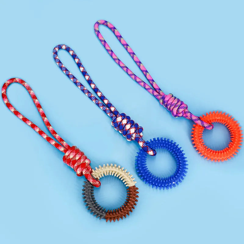 Blue braided rope knot dog toy showing knotted design and textured surface