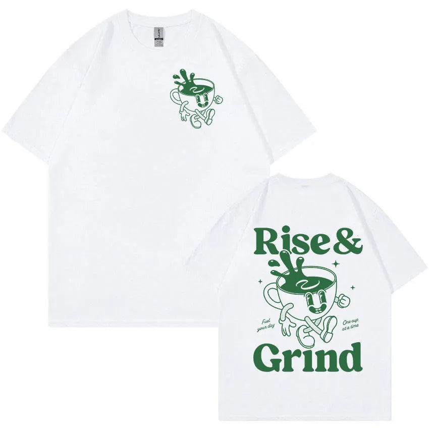 Loose fit linen T-shirt with Rise and Grind text and green coffee cartoon print on chest.