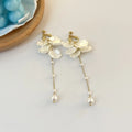 Women's acrylic shell pearl tassel earrings with 8.8cm length and four clip style options