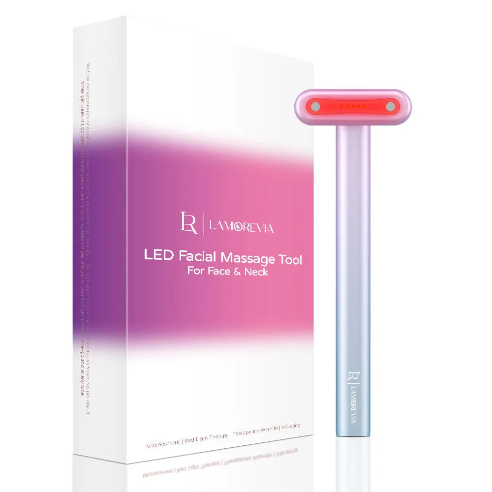 EMS micro-current face and neck massager with rotatable head, LED phototherapy, rechargeable portable design on white background