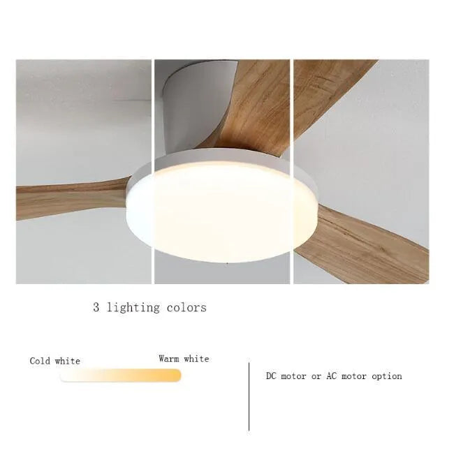 Solid wood Nordic LED ceiling fan lamp with PVC shade and tricolor dimming remote control in a living room