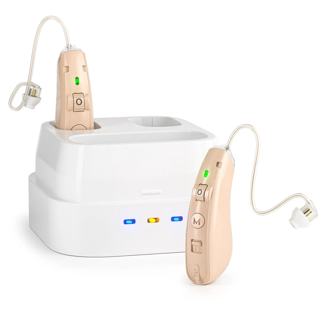 Hearing aid for elderly in silver with USB charging port and noise reduction feature