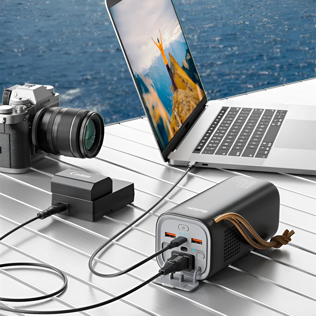 Black portable power bank with solar panel, 20000mAh capacity, and 200W maximum output power