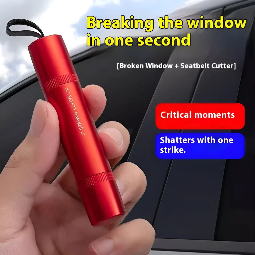 Black and red car safety life hammer with spring-loaded window breaker and seatbelt cutter.