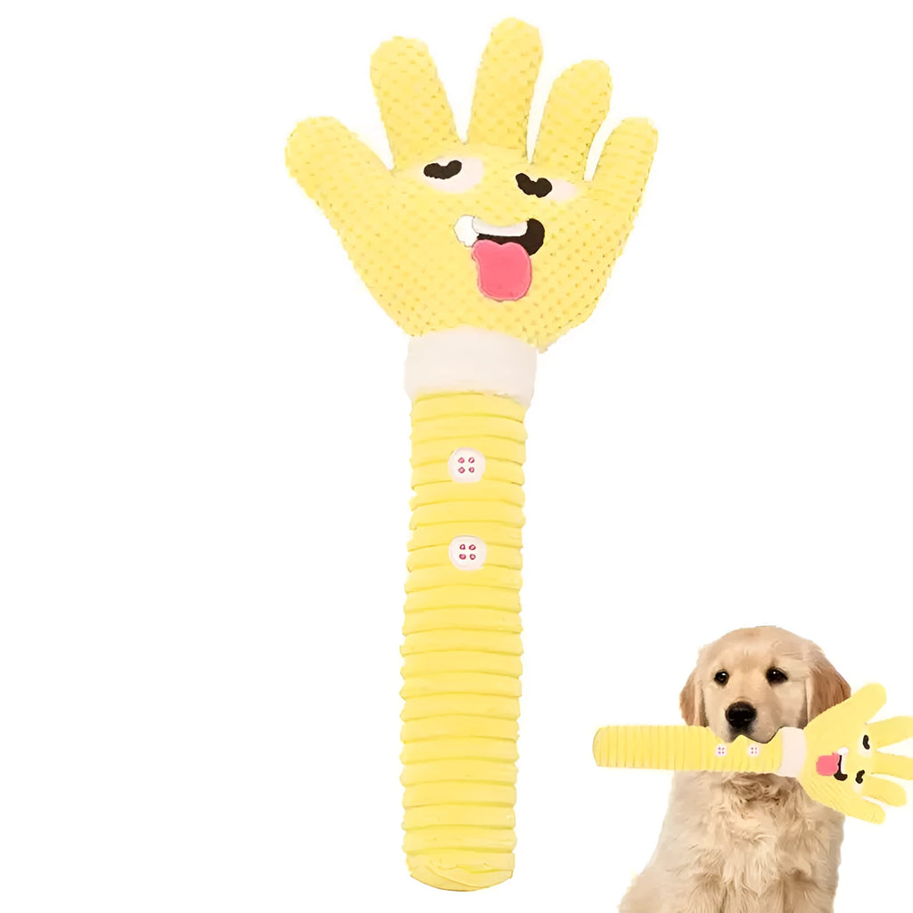 Yellow palm-shaped squeaky plush dog teething toy with bite-resistant fabric for puppy chewing relief