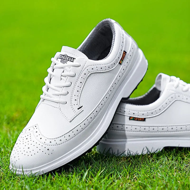 Men's lightweight golf shoes in Lake Blue with a genuine leather upper and rubber outsole.