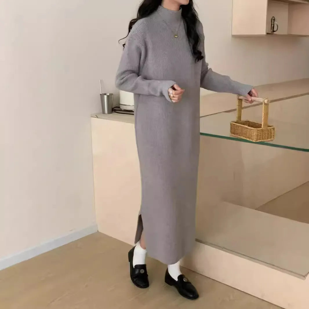 Acrylic half turtleneck knit dress in knee-length high-waist silhouette for work