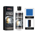 Headlight restoration kit showing 13.2x3.8cm polishing fluid bottle, cloth and sponge