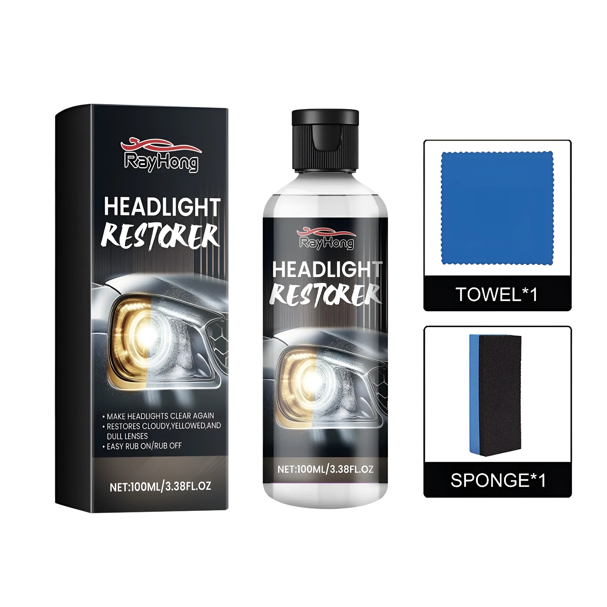 Headlight restoration kit showing 13.2x3.8cm polishing fluid bottle, cloth and sponge