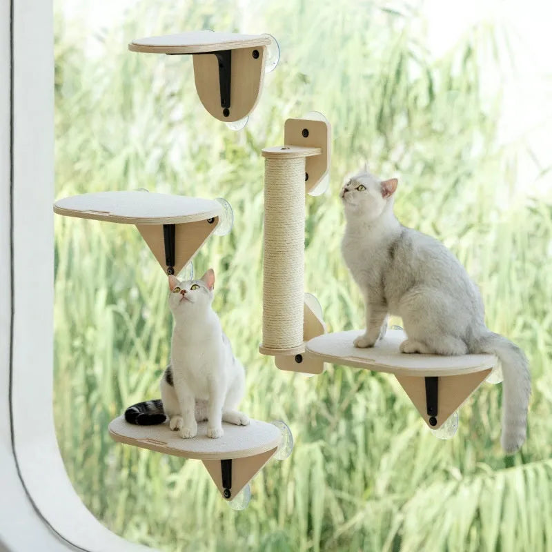 Cat scratch tree with sisal scratching rod, jumping platform and space capsule cat nest mounted on glass using suction cups
