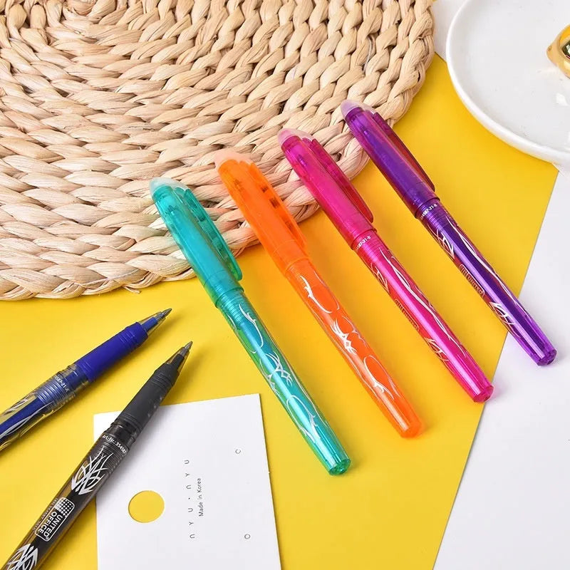 Set of hot erasable gel pens in multiple colours with plastic shells and stainless steel nibs.