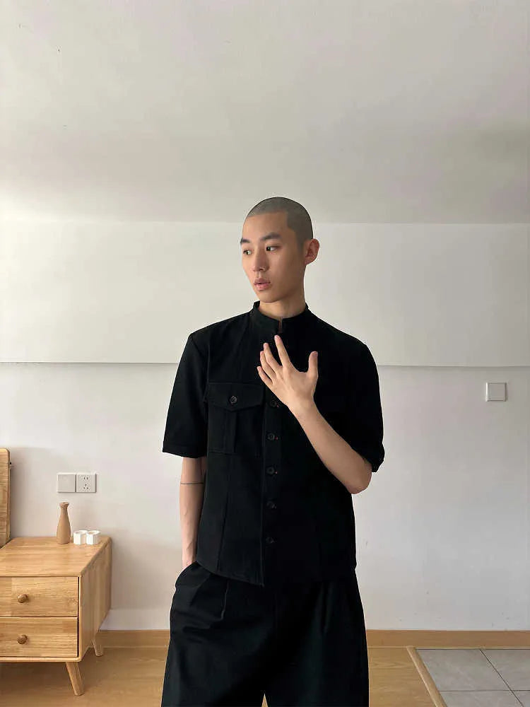 Handmade black half-sleeve hunting shirt with shirt collar and single-breasted design