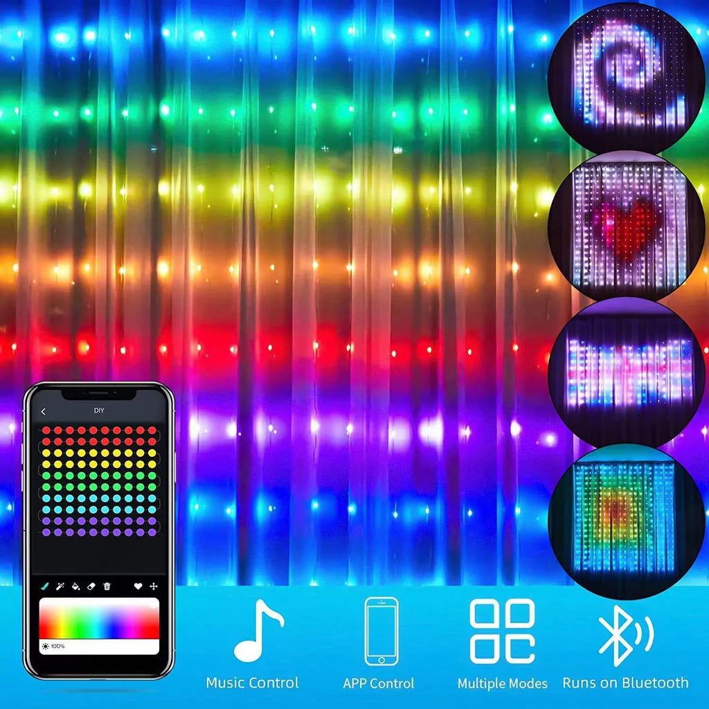 Programmable LED curtain light with Bluetooth APP control, 400 lights, leather wire casing, available in 1x1m to 3x3m sizes